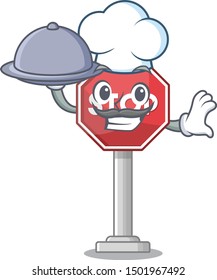 Chef with food sign stop with the mascot shape
