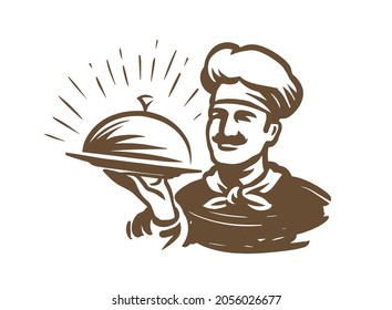 Chef with food tray logo, emblem. Vintage sketch vector illustration