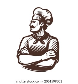 Chef with food tray logo, emblem. Vintage sketch vector illustration