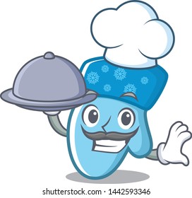 Chef with food winter gloves put wooden cartoon table