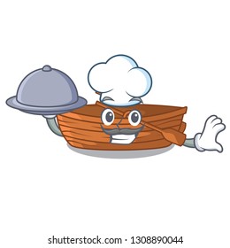 Chef with food wooden boat sail at sea character