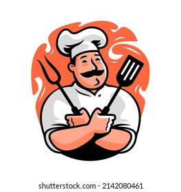 Chef with fork and spatula for barbecue logo. Grill food emblem. Cartoon character vector illustration