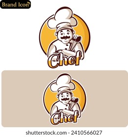 Chef with fork and spatula for barbecue logo. Grill food emblem. Cartoon character vector illustrationCatering quality food design premium logoChef man with your brand. Chef Logo Mascot.Mr chef logo.