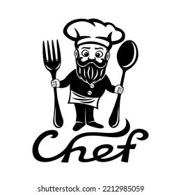 Chef with a fork and a spoon in his hands on a white background.	