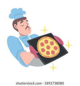 Chef with Freshly Baked Pizza, Pizza Maker Character in Hat and Apron Cooking in the Kitchen Cartoon Style Vector Illustration