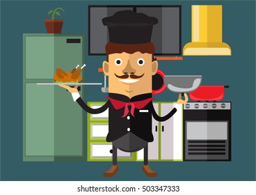 chef with fried chicken and background kitchen
