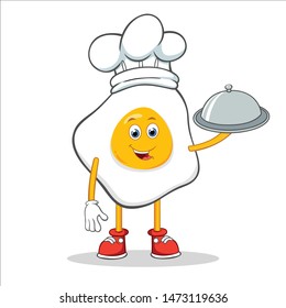 Chef Fried Egg Cartoon Mascot Character Holding a Silver Dome or Cloche.