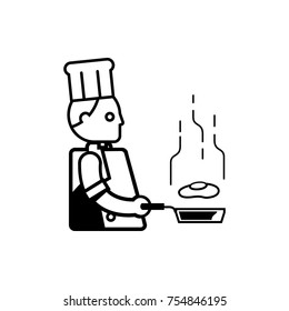 chef fried egg with pan outline vector illustration