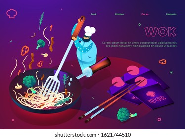 Chef fries wok tossing the contents of the pan. Colored spots on bright gradients. Web site concept. 