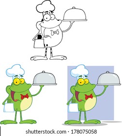 Chef Frog Holding A Cloche Platter Cartoon Character. Set Vector Collection