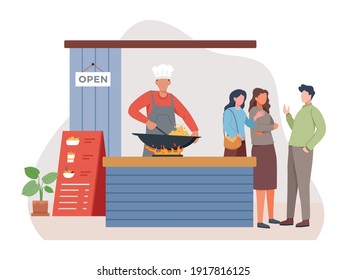 Chef Fry The Food In A Wok. Street Food Vendor Frying Fried Rice, Asian Food, Chinese Food, Small Business Concept With A Man Cooking Pre-ordered Meals. Vector Illustration In A Flat Style