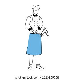 Chef with frying pan flat vector illustration. Hotel restaurant staff. Preparing food, cooking process. Catering service. Kitchen worker in apron cartoon character with outline on white