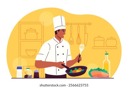 Chef with frying pan. Man in chefs hat frying vegetables with frying pan. Cooking food in kitchen. Cafe or restaurant worker, catering occupation. Flat vector illustration