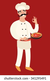 Chef with a frying pan with the meat (steak) in his left hand and his left hand okay sign. Cartoon flat character, isolated on the red background