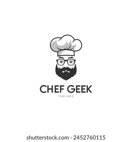 Chef geek, Head chef with beard mustache and eyeglasses Logo Symbol Design Template Flat Style Vector