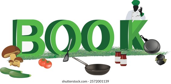 Chef gesturing ok sign behind a big green book text with vegetables, tomato sauce and kitchen utensils, promoting healthy food and cooking