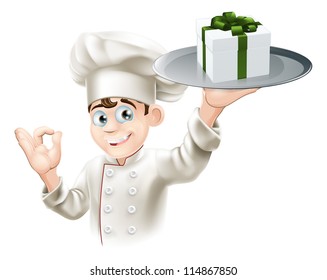 A chef with a gift on a platter. Could be concept for dining rewards or vouchers or gift card or other