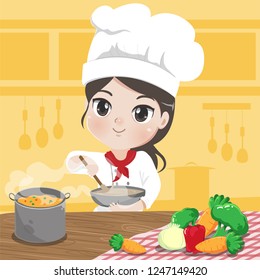Chef girl is cooking with a happy love in her kitchen.