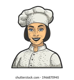 chef girl in chef hat toque color sketch engraving vector illustration. T-shirt apparel print design. Scratch board imitation. Black and white hand drawn image.