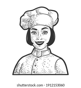 chef girl in chef hat toque sketch engraving vector illustration. T-shirt apparel print design. Scratch board imitation. Black and white hand drawn image.