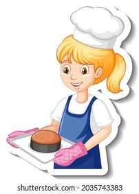 Chef girl holding baked tray cartoon character sticker illustration