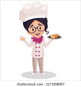 Chef girl is holding bread roll in a plate and showing ok sign. Vector graphic illustration. Individually on a white background. 