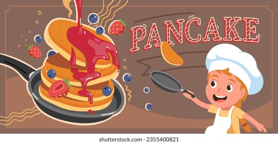 Chef girl kid cooking pancakes poster. Happy cook child tossing flipping pancake in frying pan. Delicious sweet dessert breakfast food with berry jam. Pancake cafe concept flat vector illustration svg