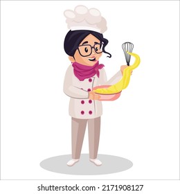Chef girl is making cake batter with the beater. Vector graphic illustration. Individually on a white background.  svg