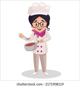 Chef Girl Is Making Soup In The Pan. Vector Graphic Illustration. Individually On A White Background. 