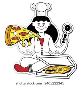 Chef girl and pizza, vector, logo sticker, pizza maker