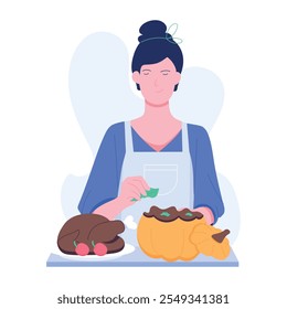 Chef girl preparing pumpkin stuffing, flat illustration 