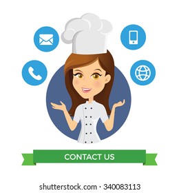 Chef Girl present Contact us and Customer service Vector character