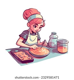 Chef girl rolls dough for homemade cookies icon isolated