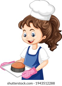 Chef girl wearing chef hat holding baking tray illustration