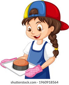Chef girl wearing chef hat holding baking tray illustration