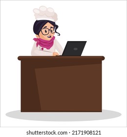 Chef girl está trabajando en una laptop. Ilustración gráfica vectorial. Individualmente sobre un fondo blanco.