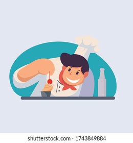 El chef le da un toque extra al pastel. Ilustración del cocinero de dibujos animados, sombrero del cocinero del restaurante y uniforme de cocinero, profesión de trabajo, personaje vectorial del restaurante diseño plano, servicio de comida