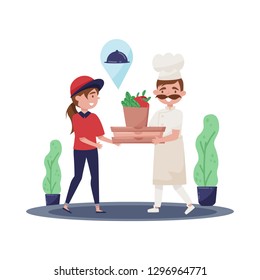 Chef gives ready order to courier. Young girl and cook in working uniform. Food delivery service. Flat vector design