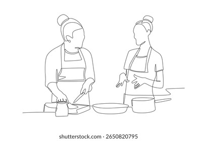 Chef dando orientações enquanto cozinha. Aulas de culinária conceito desenho de uma linha