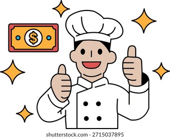 Un chef está dando un pulgar hasta un billete de un dólar. Concepto de Aprobación y satisfacción, ya que el chef está expresando su felicidad con el dinero. El billete de un dólar se coloca en primer plano