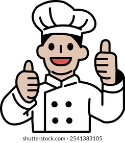 A chef is giving thumbs up to a picture of himself. Concept of approval and satisfaction, as if the chef is proud of his work or pleased with the outcome of a meal