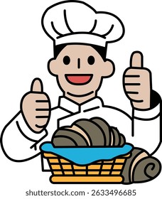 A chef is giving thumbs up to a plate of food. The plate is filled with a variety of food items, including a bowl of food and a basket of food. The chef is wearing a white hat and apron