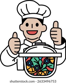 A chef is giving thumbs up to a pot of food. The pot is filled with a variety of vegetables, including carrots, broccoli, and tomatoes. The chef is wearing a white hat and apron