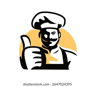 Chef giving thumbs up symbol. Baker, cook in hat emblem for restaurant or cafe menu