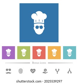 Chef with glasses flat white icons in square backgrounds. 6 bonus icons included.