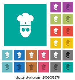 Küchenchef mit Brille mehrfarbige Flachsymbole auf einfarbigem Hintergrund. Weiße und dunklere Icon-Variationen für Hover oder aktive Effekte.