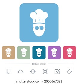Chef con gafas de iconos blancos planos en fondo cuadrado redondeado de color. 6 iconos de bonificación incluidos