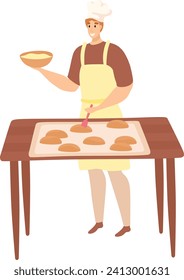 Chef glazing pastries on baking sheet in kitchen. Male baker with apron and chef's hat preparing cookies. Baking and culinary skills vector illustration.