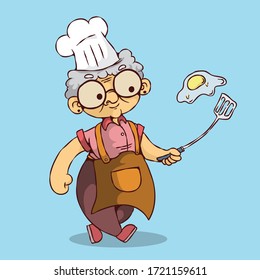 Chef Grandma Cooking Egg With Smile In Her Face Premium Character Vector