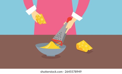 Chef grating cheese in a bowl. Flat style vector illustration.